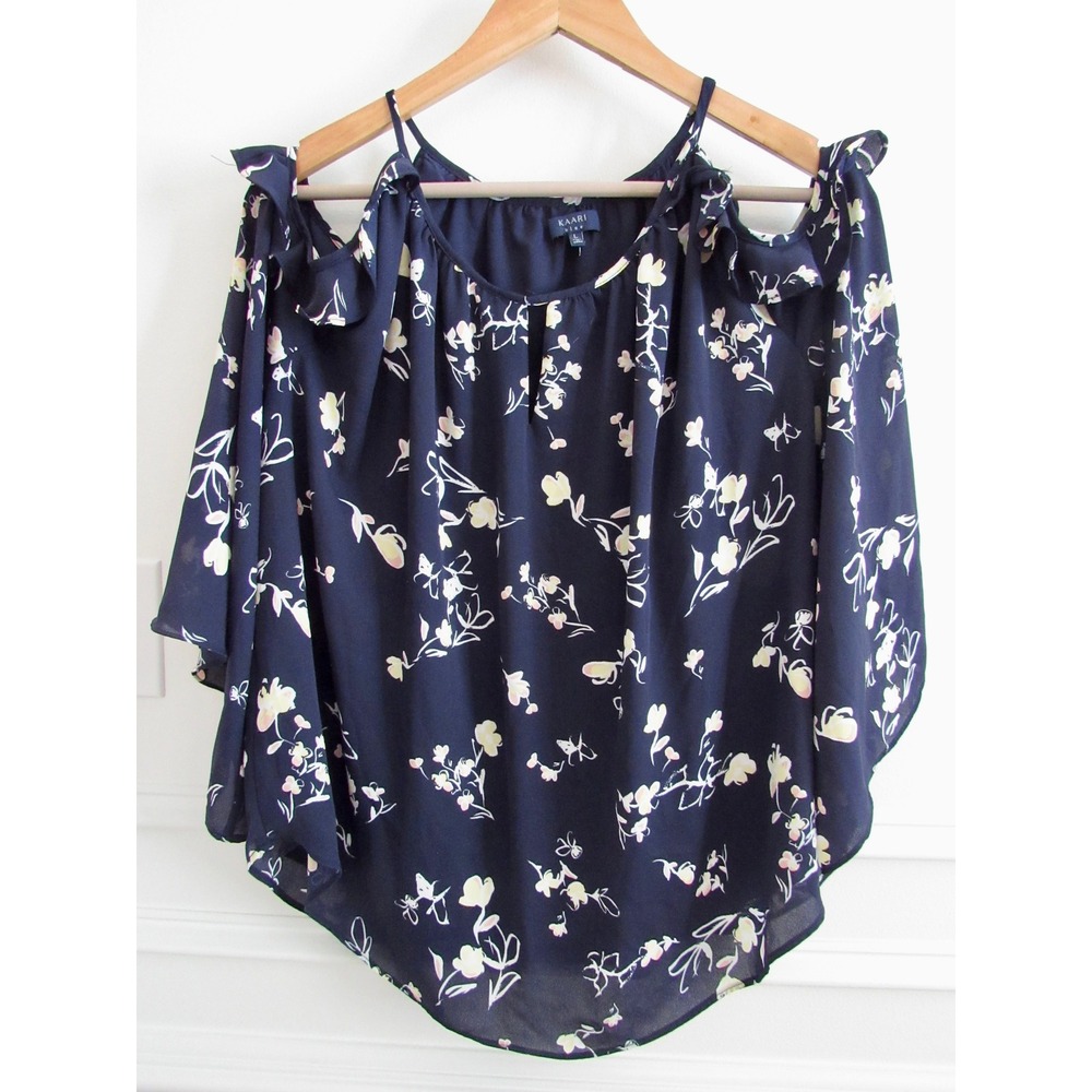 Kaari Blue Navy Floral Cold Shoulder Ruffle Bell Sleeve Blouse L Romanticcore